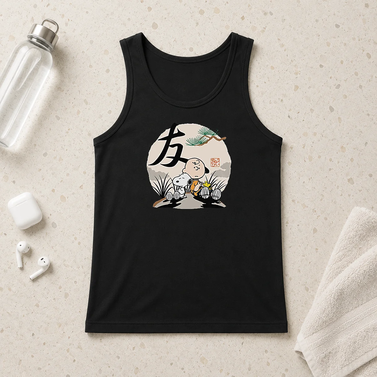 Official Peanuts Charlie Brown Friends Japan Mens Tank Top featuring classic characters on a sleeveless cotton garment