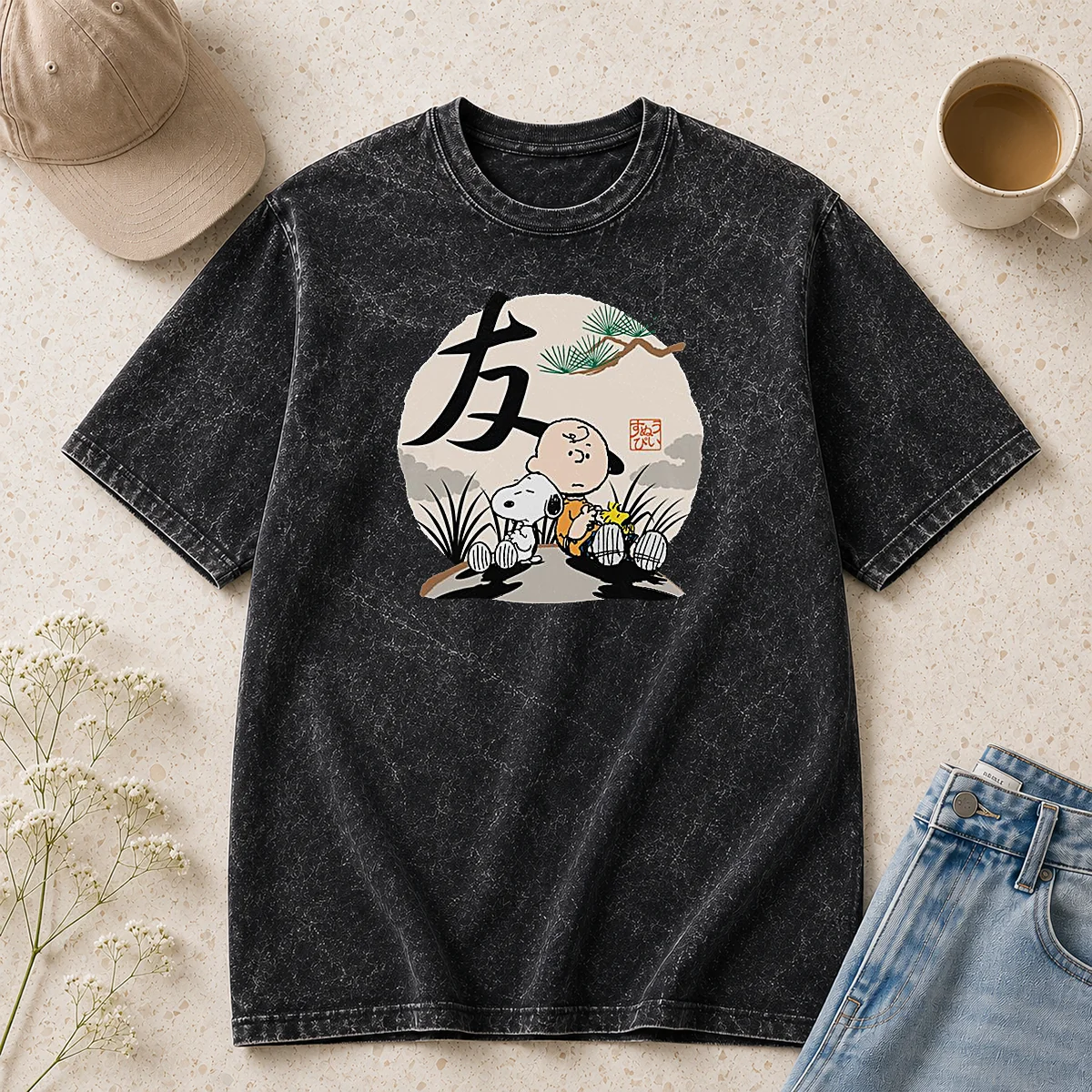 Official Peanuts Charlie Brown Friends Japan Mens Washed T Shirt in soft cotton with vintage wash finish