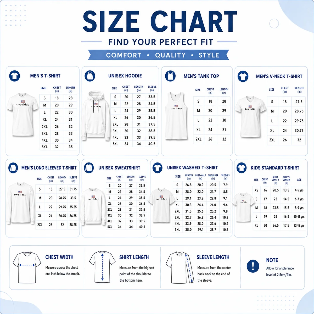 Original American Flag Two Fiddy Size Chart Size chart for Original American Flag Two Fiddy with measurements in inches and cm
