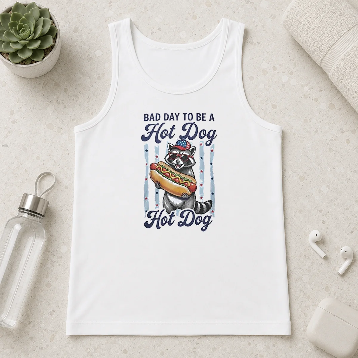Original Bad Day To Be A Hot Dog tank top in black, sleeveless casual fit with bold graphic print