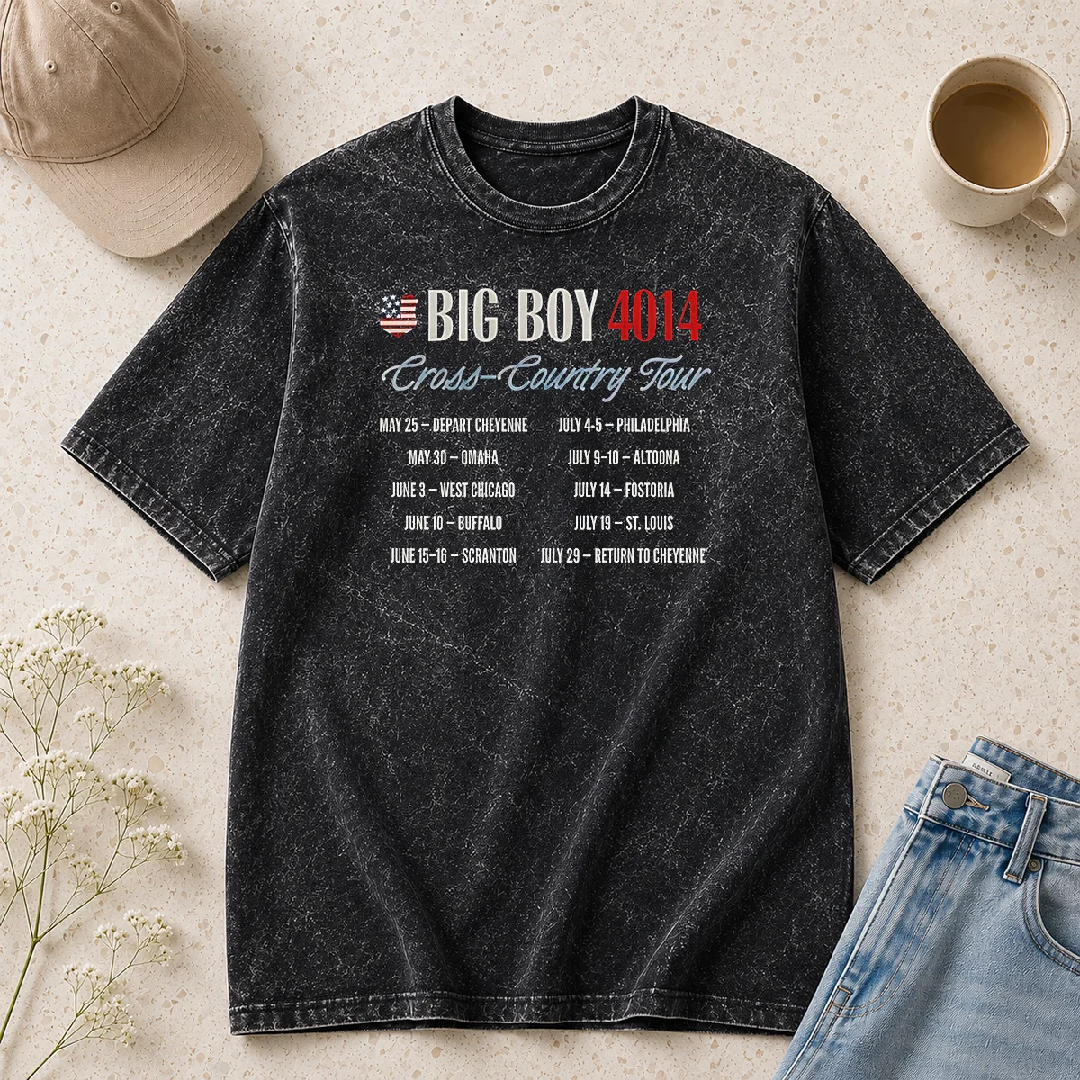 Original Big Boy 4014 Tour America 250th Train Cross Country Tour Washed T Shirt displayed on a light background, showing front print on a soft washed cotton tee