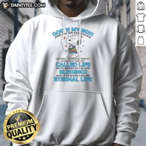 Original Snoopy Peanuts God Is My Boss And I'M His Employee Life Blessings Eternal Life Hoodie displayed on a hanger