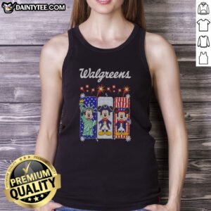 Original Walgreens Mickey Mouse Statue Of Liberty Patriot Uncle Sam USA Tank top in classic white, featuring bold patriotic graphic