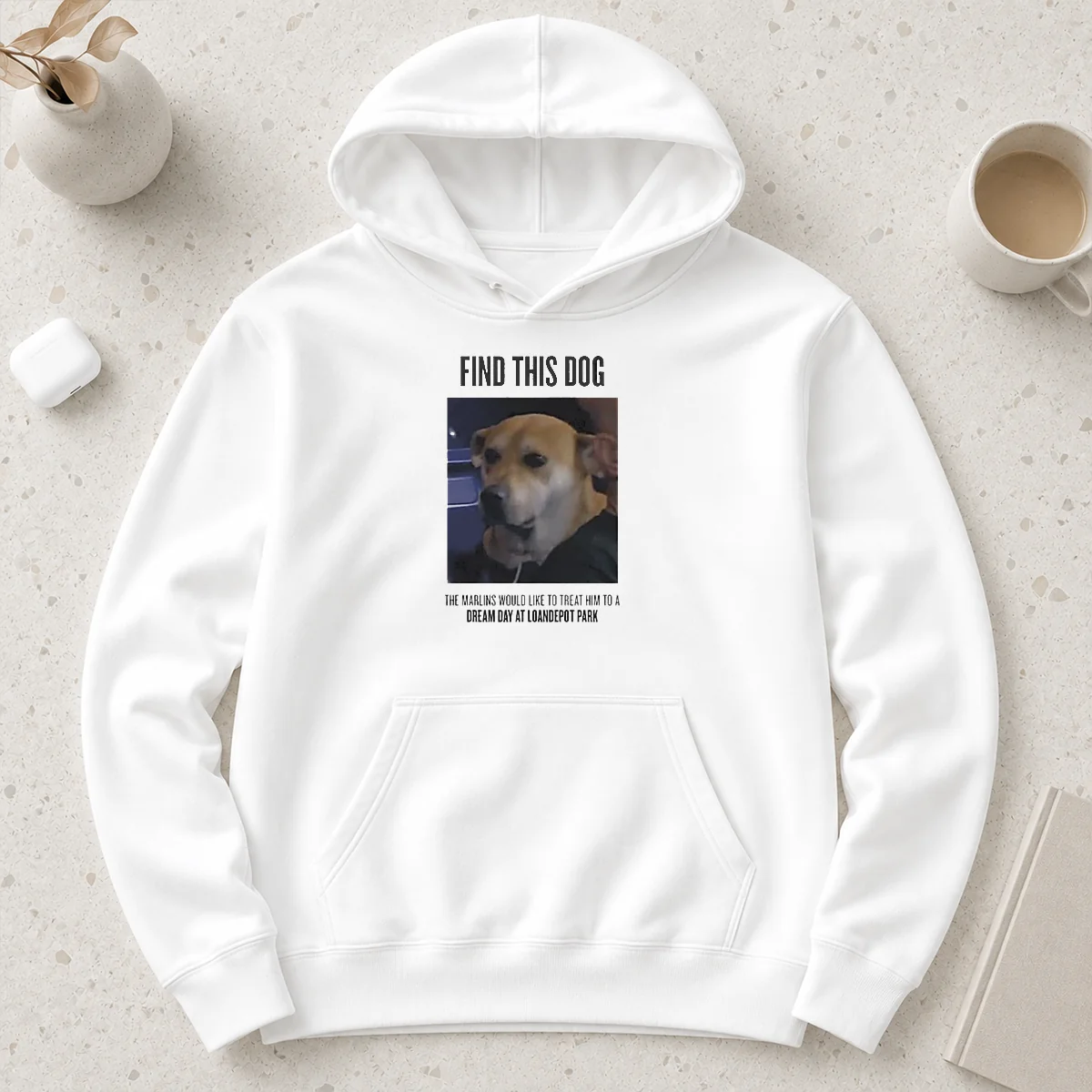 Premium Find This Dog The Marlins Would Like To Treat Him To A Dream Day At Loandepot Park hoodie in dark color, front view with drawstring hood