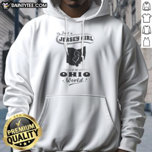 Premium Just A Jersey Girl In An Ohio World Map Hoodie in dark gray with front pocket and hood