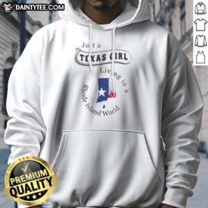 Premium Just A Texas Girl Living In A Rhode Island World Map Silhouette Hoodie in charcoal gray with front pocket and drawstring hood