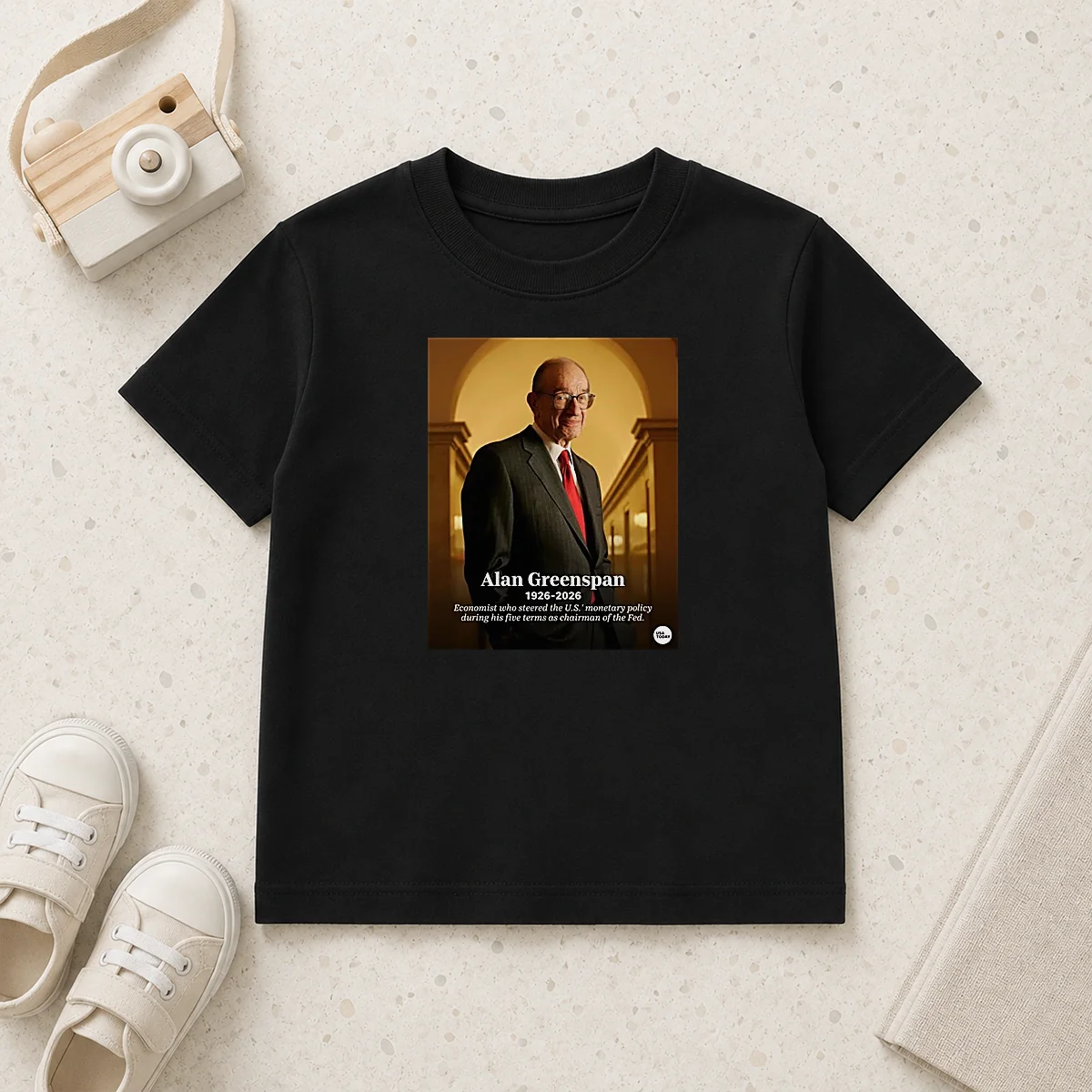 Pretty Alan Greenspan 1926 2026 Economist WHO Steered The US Monetary Policy During His Five Term kids t shirt in navy blue, front view