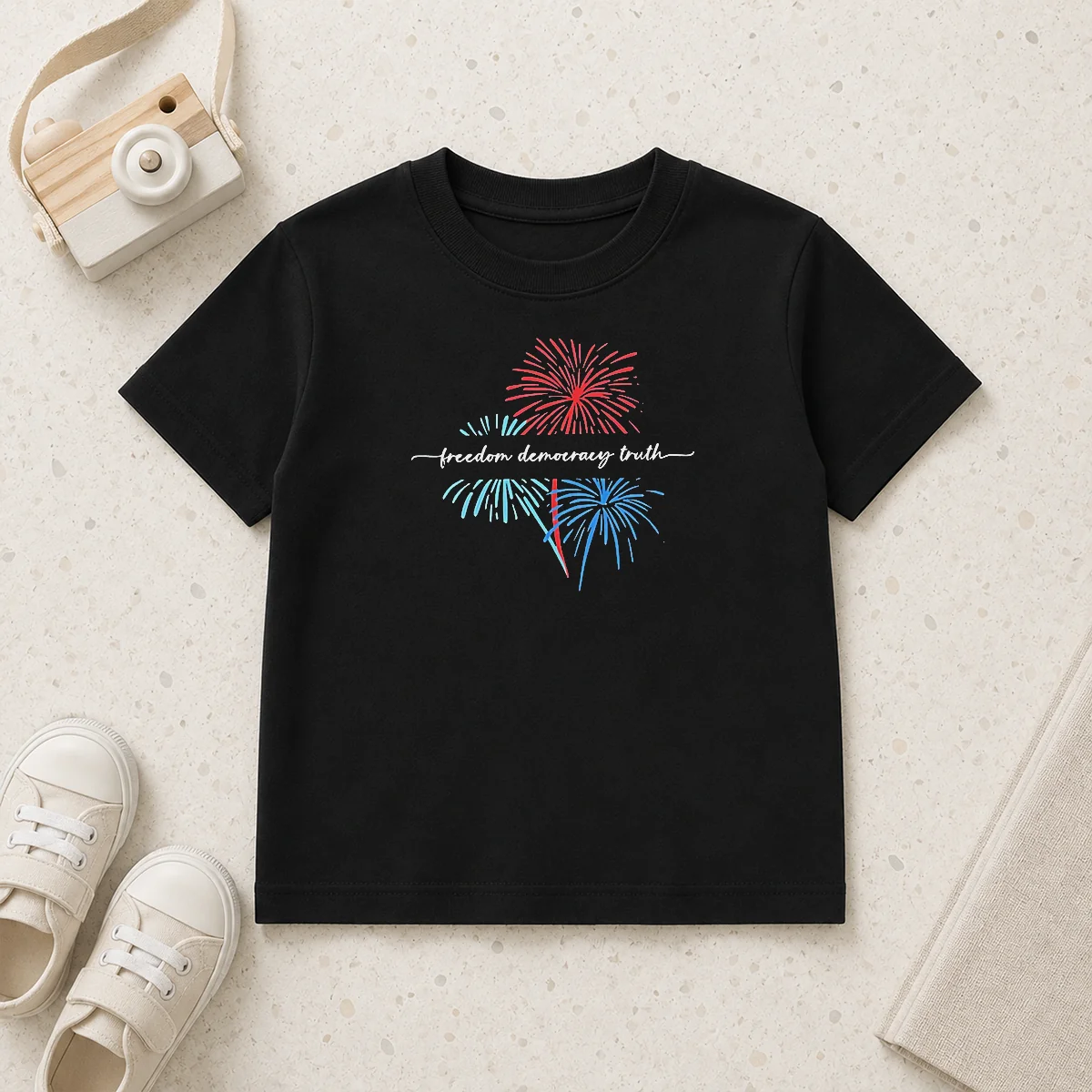 Pretty Freedom Democracy Truth FDT Anti Trump Firework 250th Anniversary USA July 4th Kids T Shirt featuring patriotic design on a children's tee