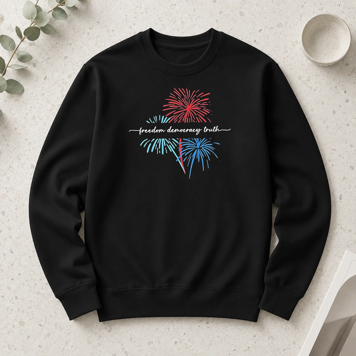 Pretty Freedom Democracy Truth FDT Anti Trump Firework 250th Anniversary USA July 4th Long Sleeve Shirt in white, front view