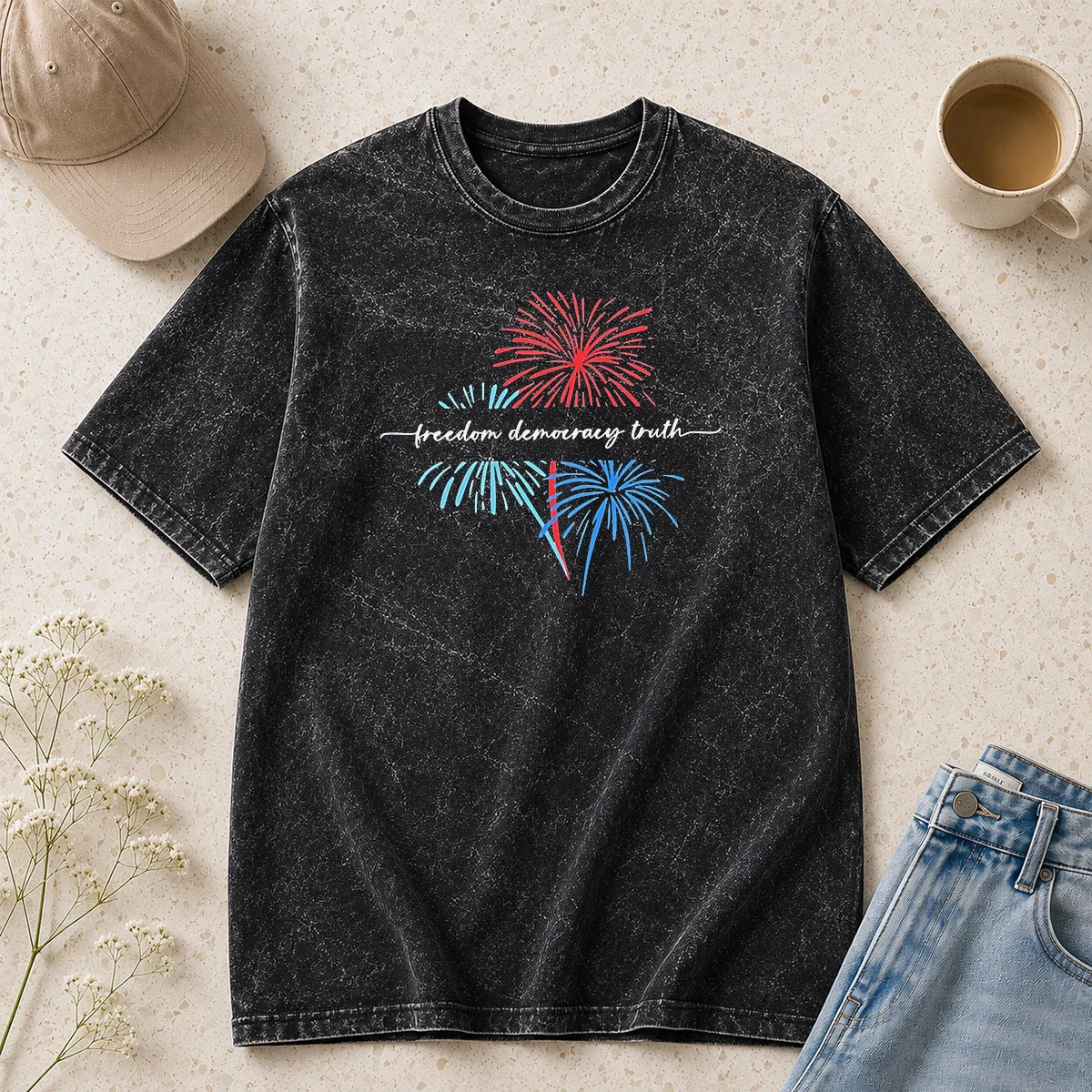 Pretty Freedom Democracy Truth FDT Anti Trump Firework 250th Anniversary USA July 4th Washed T-Shirt