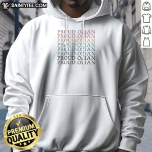 Pretty Proud Ozian Rainbow Multicolor Repeated Bold Text LGBTQ Wizard Of Oz Fan Hoodie in vibrant colors on a comfortable pullover hoodie