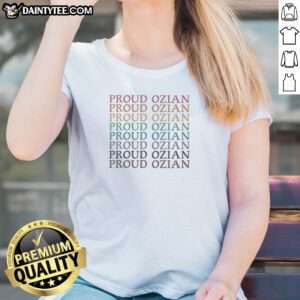 Pretty Proud Ozian Rainbow Multicolor Repeated Bold Text LGBTQ Wizard Of Oz Fan Ladies Shirt