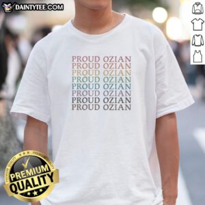 Pretty Proud Ozian Rainbow Multicolor Repeated Bold Text LGBTQ Wizard Of Oz Fan Shirt on a casual unisex cotton tee