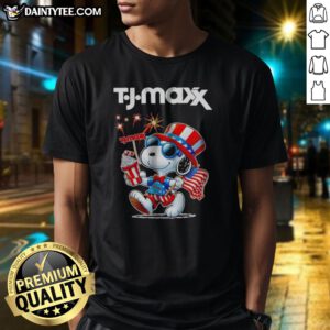 Pretty Snoopy X TJ Maxx Fourth Of July American 250 Years 1776 2026 Fireworks Shirt featuring vibrant fireworks graphics.