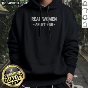 Real Aren'T Men Hoodie in dark gray with bold white text on front, displayed on a flat lay background