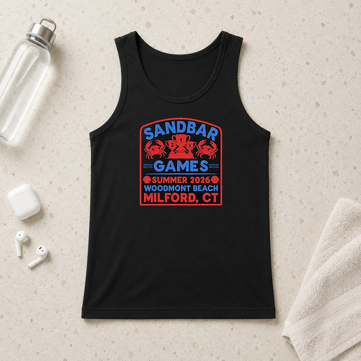 Top Sandbar Games Summer 2026 Woodmont Beach Milford CT Crab Trophy Tank Top