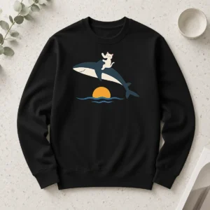 Awesome Cat Riding Whale Vintage Ocean Sunset Long Sleeve Shirt