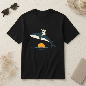 Awesome Cat Riding Whale Vintage Ocean Sunset V-Neck Shirt