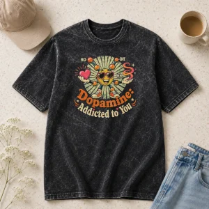 Awesome Dopamine Addicted To You Vintage Love Molecule printed on a soft washed t shirt in light gray