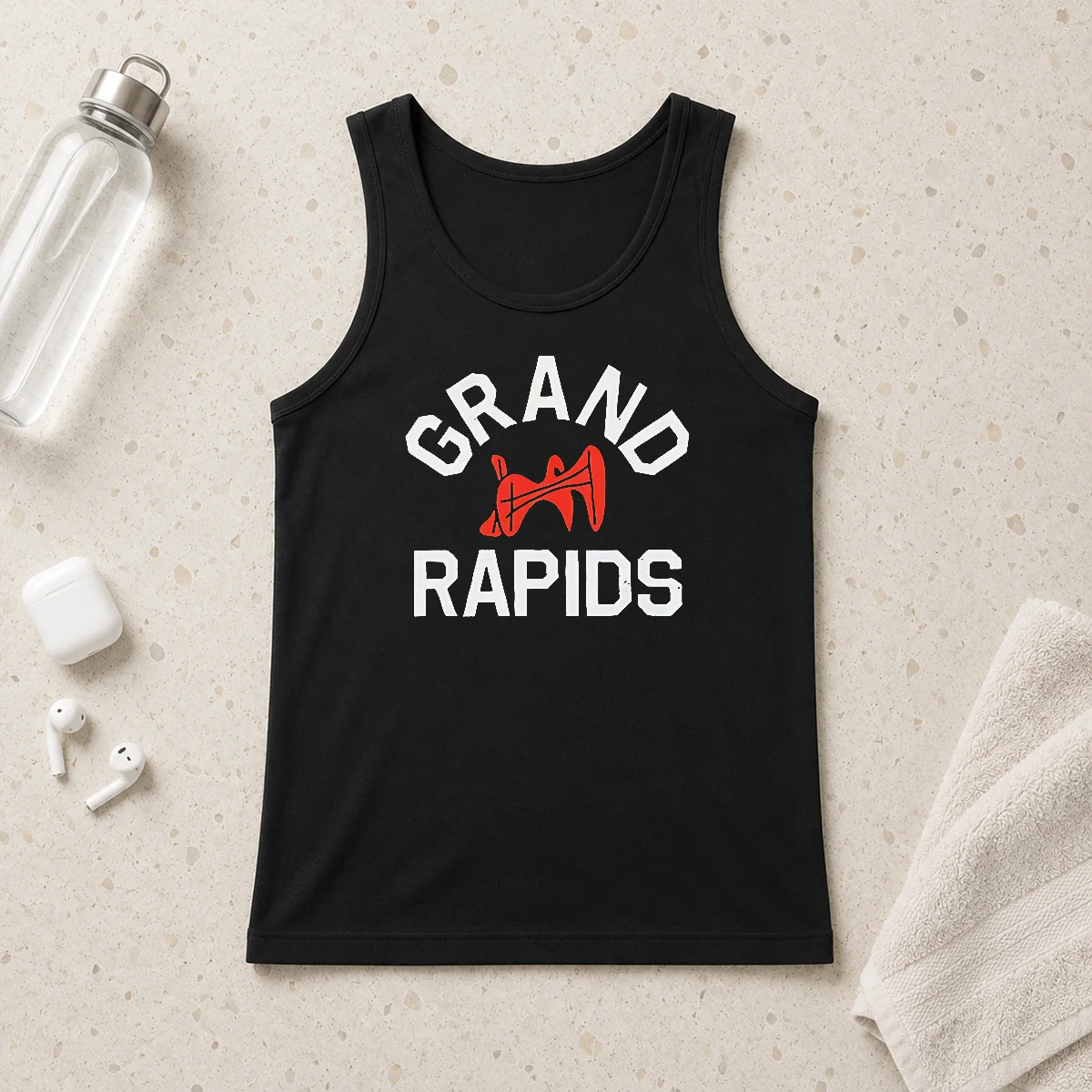 Awesome Grand Rapids Michigan City Logo Tank Top in black, featuring bold city logo on front