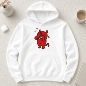 Awesome Happy Devil Cartoon Facepalm Panicking Sweating Hoodie in black, front view with vibrant cartoon print
