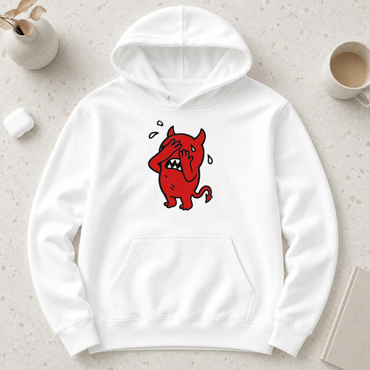 Awesome Happy Devil Cartoon Facepalm Panicking Sweating Hoodie in black, front view with vibrant cartoon print