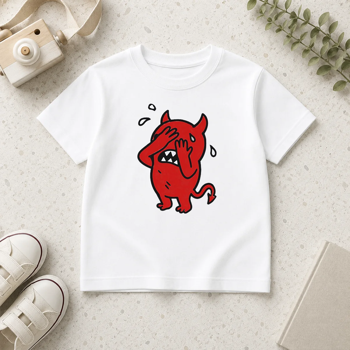 Awesome Happy Devil Cartoon Facepalm Panicking Sweating Kids T Shirt in bright red, short sleeve cotton tee for children