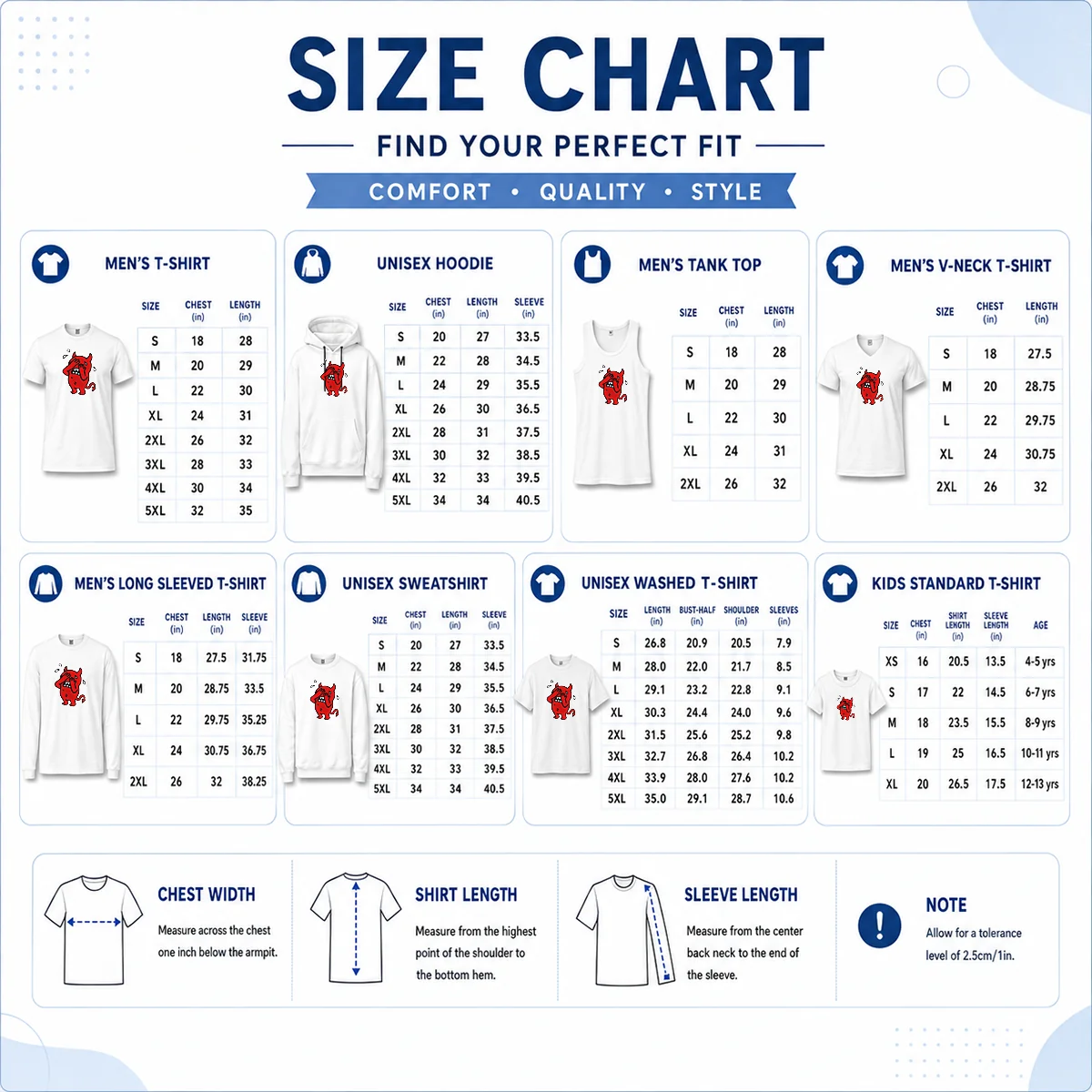 Awesome Happy Devil Cartoon Facepalm Panicking Sweating Size Chart Size chart for Awesome Happy Devil Cartoon Facepalm Panicking Sweating with measurements in inches and cm