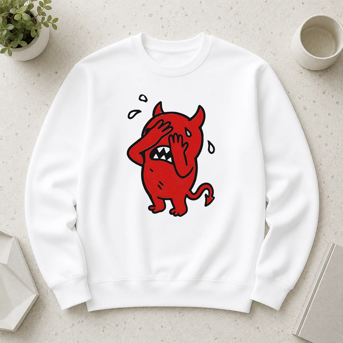 Awesome Happy Devil Cartoon Facepalm Panicking Sweating Sweater
