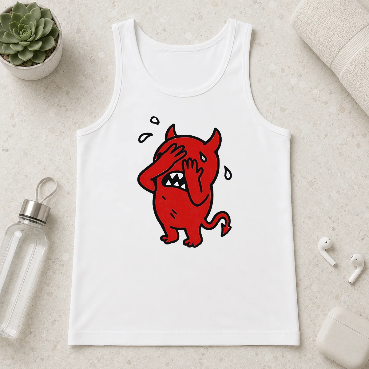Awesome Happy Devil Cartoon Facepalm Panicking Sweating Tank Top