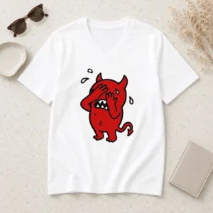 Awesome Happy Devil Cartoon Facepalm Panicking Sweating V-Neck Shirt