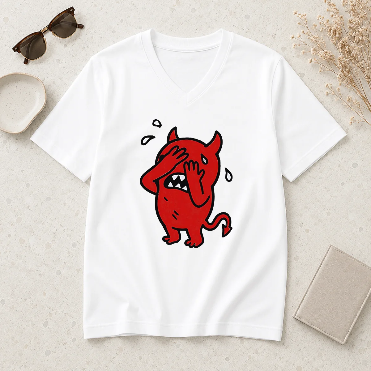 Awesome Happy Devil Cartoon Facepalm Panicking V-Neck Shirt Awesome Happy Devil Cartoon Facepalm Panicking V-Neck Shirt
