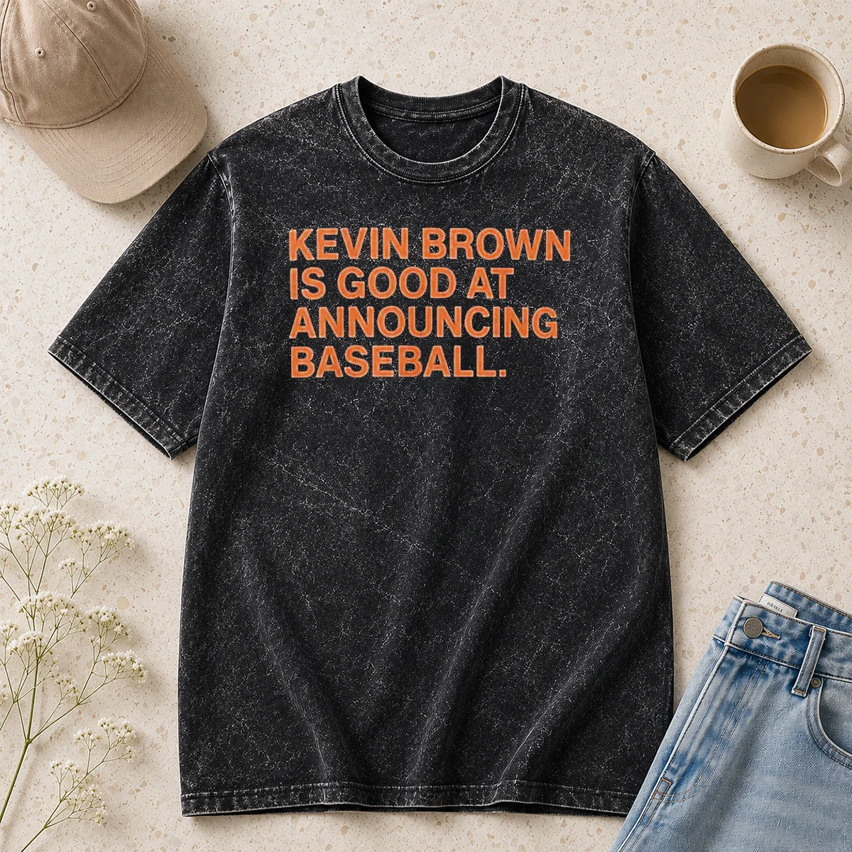 Awesome Kevin Brown Is Good At Announcing Baseball printed on a soft washed t shirt in a relaxed fit