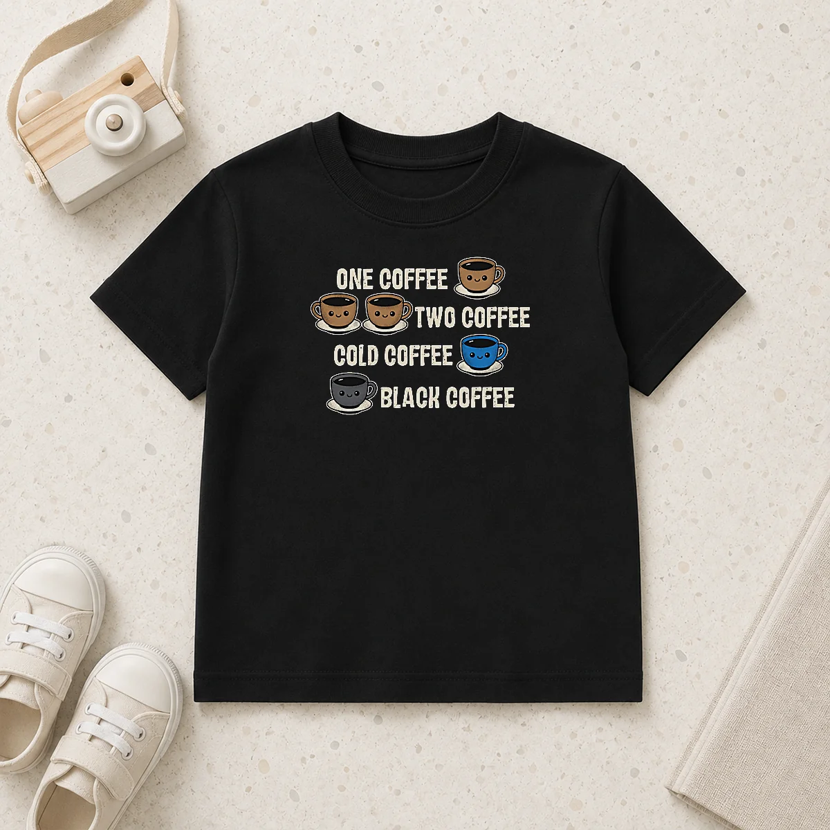 Awesome One Coffee Two Coffee Kids T Shirt in bright colors featuring fun coffee-themed text for children