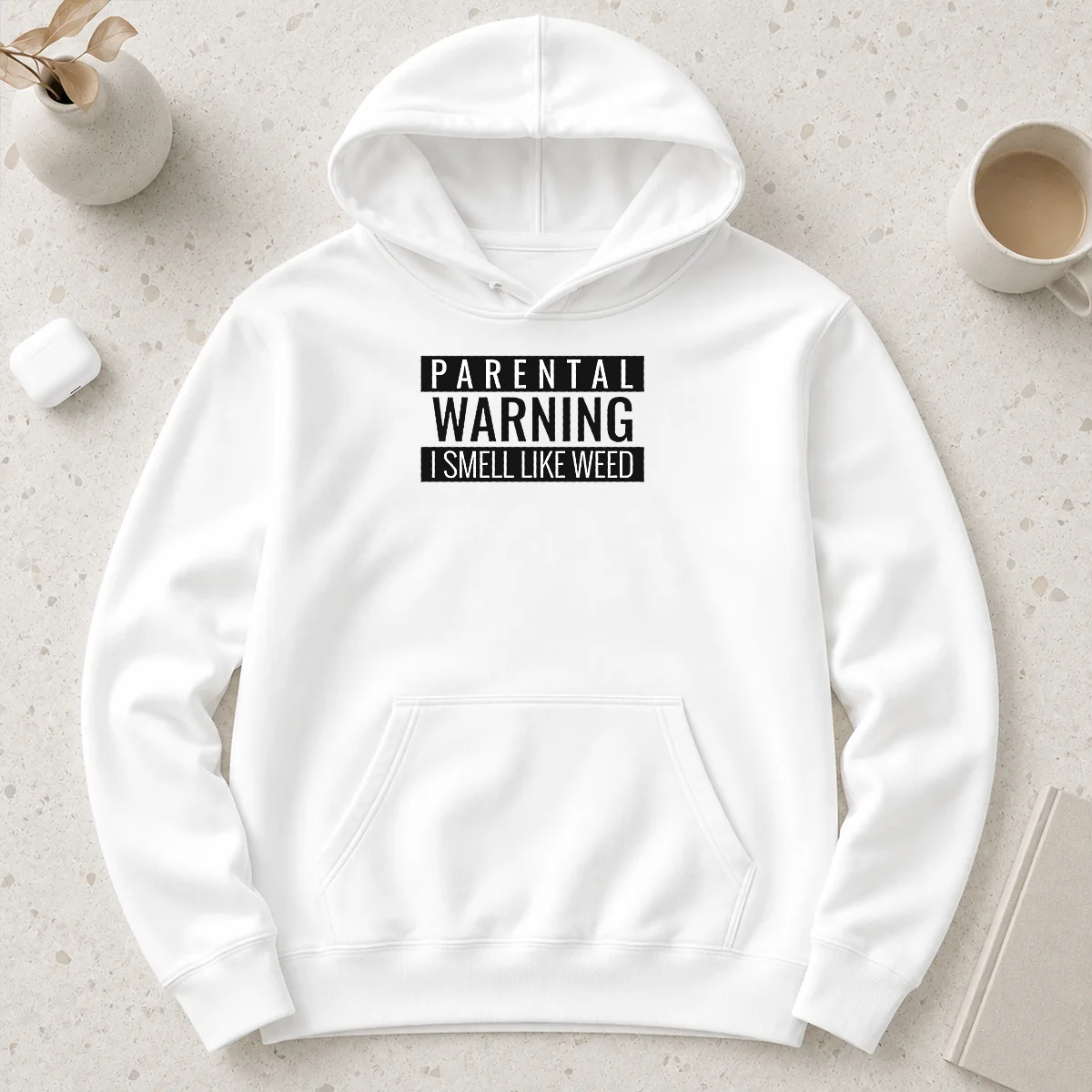 Awesome Parental Warning I Smell Like Weed Hoodie in black, front view with bold white text graphic