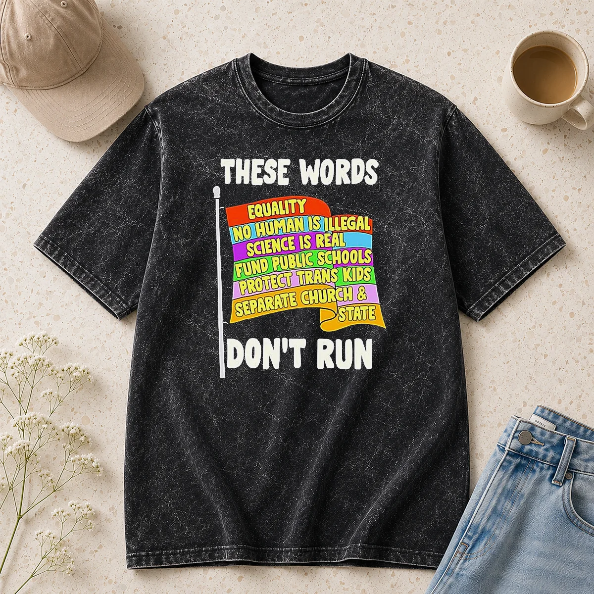 Awesome Pretty Equality No Human Is Illegal Science Is Real Fund Public Schools Protect Trans printed on a soft washed t shirt in neutral color