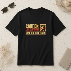 Funny Caution Low Clearance Mind The Door Frame V Neck Shirt in black, front view with clear text design