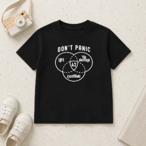Funny Original Don'T Panic Life The Universe And Everything 42 kids t shirt in bright blue, featuring a playful sci-fi inspired print