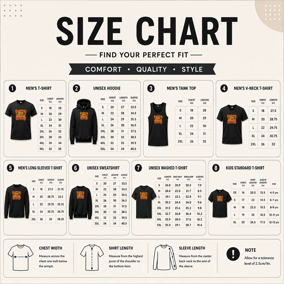 Good Grandparents Day Groovy Retro Tee Celebrating Warmth Wisdom Size Chart Size chart for Good Grandparents Day Groovy Retro Tee with measurements in inches and cm
