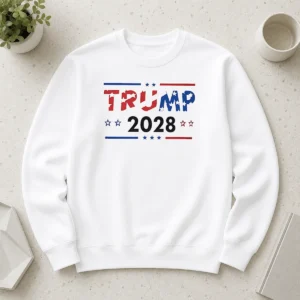 Good Happy Trump 2028 Patriotic Stars And Stripes Sweater featuring red, white, and blue patriotic design on a cozy pullover