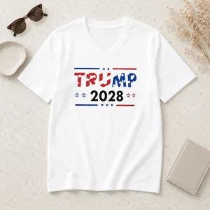 Good Happy Trump 2028 Patriotic Stars And Stripes V-Neck Shirt