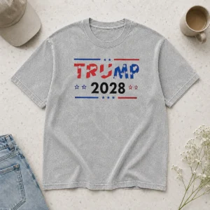 Good Happy Trump 2028 Patriotic Stars And Stripes Washed T Shirt featuring vintage faded stars and stripes design