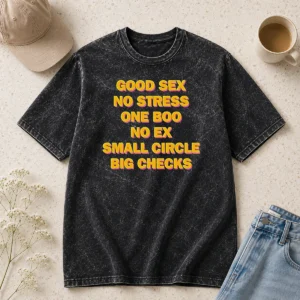 Good Nice Sex No Stress One Boo No Ex Small Circle Big Checks Washed T Shirt front view with small circle and big checks pattern