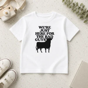 Good Premium Bull We Are Just Here For The Bad Guys Kids T Shirt in blue, short-sleeve cotton tee for children