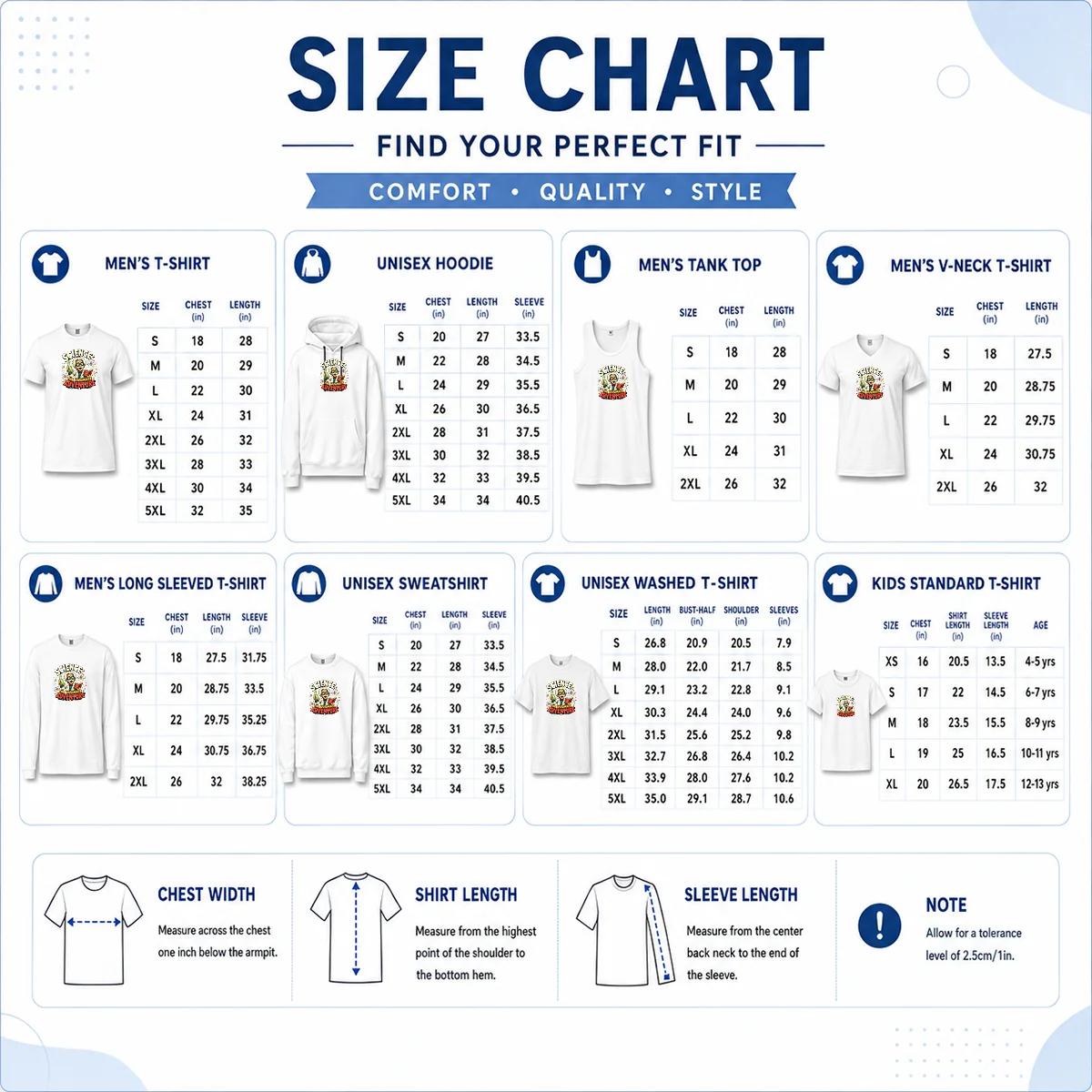 Good Science The Ultimate Adventure Retro Distressed Size Chart Size chart for Good Science The Ultimate Adventure Retro Distressed showing measurements in inches and cm