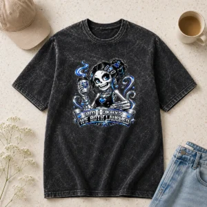 Happy Awesome Skeleton Girl Coffee Quote Y2K Washed T Shirt featuring vintage washed fabric and bold graphic print