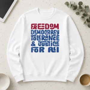 Happy Freedom Democracy Tolerance Justice For All long sleeve shirt in white, front view with bold text design