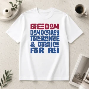 Happy Freedom Democracy Tolerance Justice For All t shirt featuring bold text on a comfortable crew neck cotton fabric