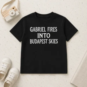 Happy Funny Gabriel Fires Into Budapest Skies Quote Kids T Shirt with colorful graphic on a comfortable cotton tee