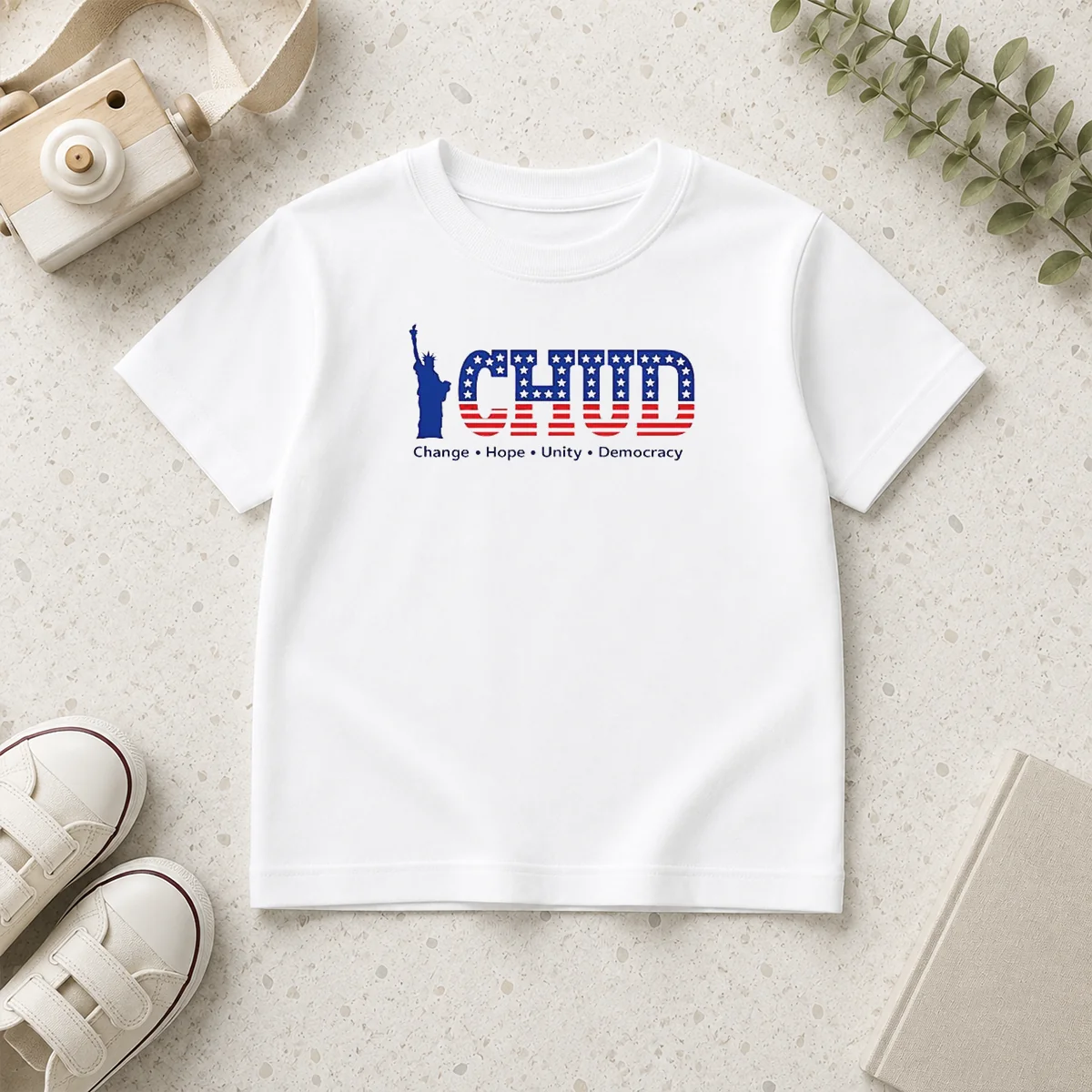 Happy Nice Statue Of Liberty CHUD Change Hope Unity Democracy American Patriot kids t shirt in vibrant colors